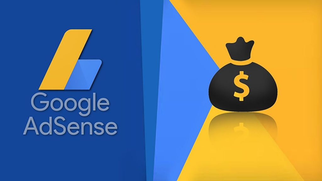 Image featuring the Google AdSense logo on the left with text "Google AdSense" and a blue and yellow background. On the right, there is an icon of a money bag with a dollar sign. The background of the image shifts from blue to yellow towards the right.