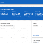 A screenshot of the Google AdSense dashboard displaying earnings and performance metrics. The Estimated Earnings section shows values for Today, Yesterday, Last 7 days, and This month, while the Balance is $7100.68. Sidebar menu options are visible on the left.