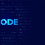 A dark blue background with binary code (ones and zeros) pattern in light blue. The word "CODE" appears prominently in the center in a bold, bright blue font. The binary numbers fade into the background, creating a tech-themed visual.