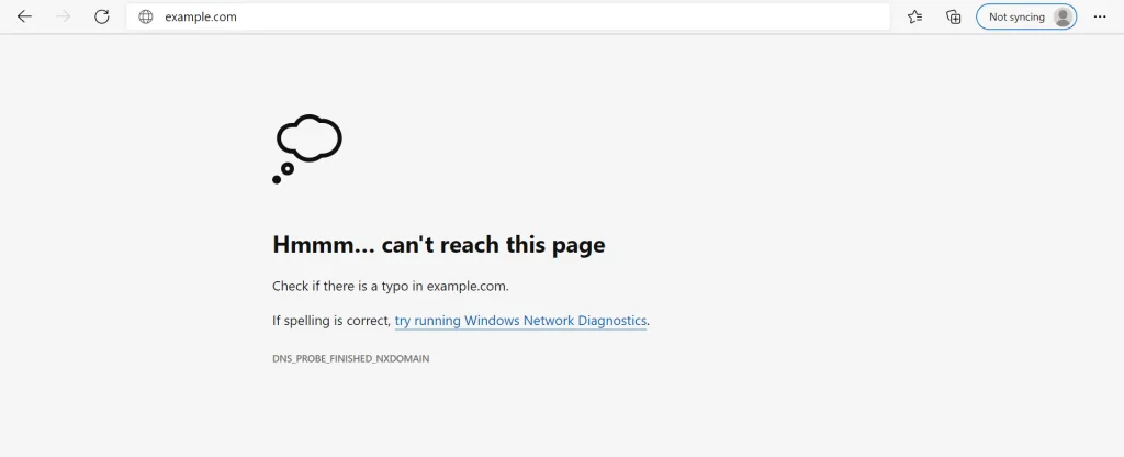The DNS_PROBE_FINISHED_NXDOMAIN error on Microsoft Edge.