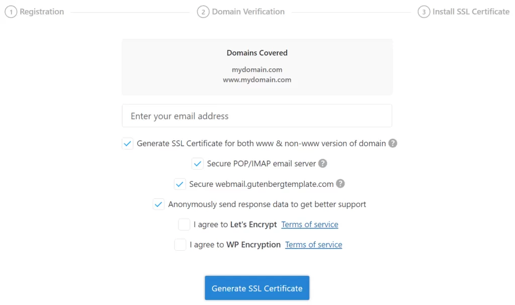SSL install form with some additional checkboxes 