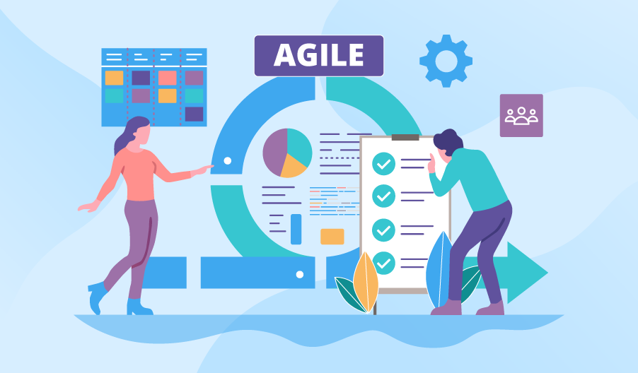 Illustration depicting two people collaborating on Agile project management. One person is pointing to a circular Agile process chart, while the other checks off items on a large checklist. Background includes a pie chart, gear icon, and a team icon.
