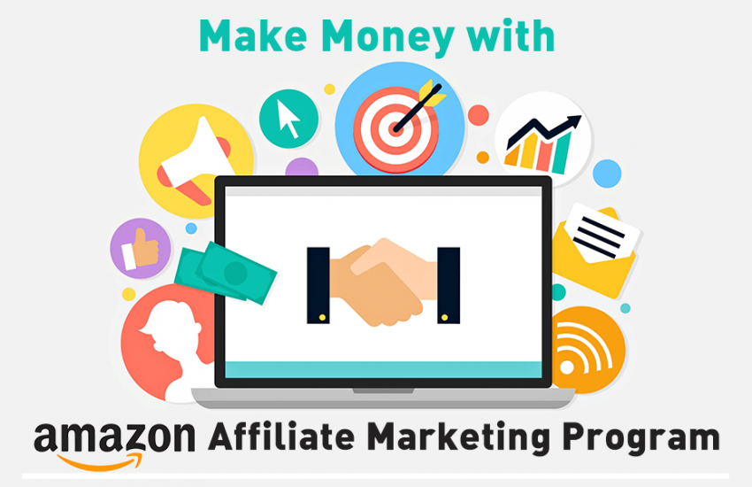 Illustration promoting the Amazon Affiliate Marketing Program. The text "Make Money with Amazon Affiliate Marketing Program" is displayed. The design includes a laptop showing a handshake graphic, surrounded by icons representing targeting, statistics, messaging, and money.