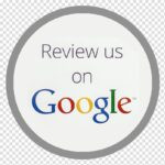 A circular badge with a grey border and transparent background displays the text "Review us on Google." The word "Google" is written in the company's signature colors: blue, red, yellow, and green.