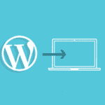 A blue background featuring a white WordPress logo on the left, an arrow pointing right in the middle, and an outline of a laptop screen on the right.