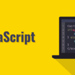 A yellow background with the JavaScript logo and text on the left. On the right, there is a black laptop displaying JavaScript code: "if (age > 19){ alert('Adult'); } else { alert('Teenager'); }" in the coding environment.