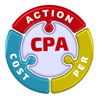 A circular infographic displaying the concept of CPA (Cost Per Action). The circle is divided into three colored puzzle pieces labeled "Action" (red), "Cost" (blue), and "Per" (yellow). "CPA" is prominently written in red in the center.