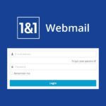 A blue login page for 1&1 Webmail is displayed. It has fields for Email Address and Password, an optional "Remember me" checkbox, and a "Forgot your password?" link above a blue "Login" button. The 1&1 Webmail logo is centered at the top of the page.