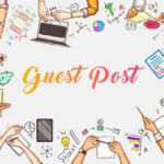 Illustration featuring multiple hands engaged in various activities surrounding the text "Guest Post" in the center. Activities include writing, holding gadgets, drawing, and using office supplies, symbolizing collaboration and creativity. The background is white.