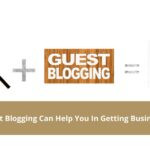 Image showing the equation "SEO + Guest Blogging = Business Success." 'SEO' is accompanied by a magnifying glass, 'Guest Blogging' is displayed on a wooden background, and 'Business Success' is illustrated with increasing bar charts. A caption reads, "SEO & Guest Blogging Can Help You In Getting Business Success.