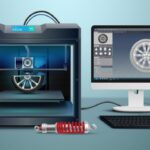 A 3D printer is producing a wheel design, as shown on a computer monitor next to it. A detailed rendering of the wheel is displayed on the monitor's screen. In front of the 3D printer and monitor, a red and silver mechanical component rests on the desk.