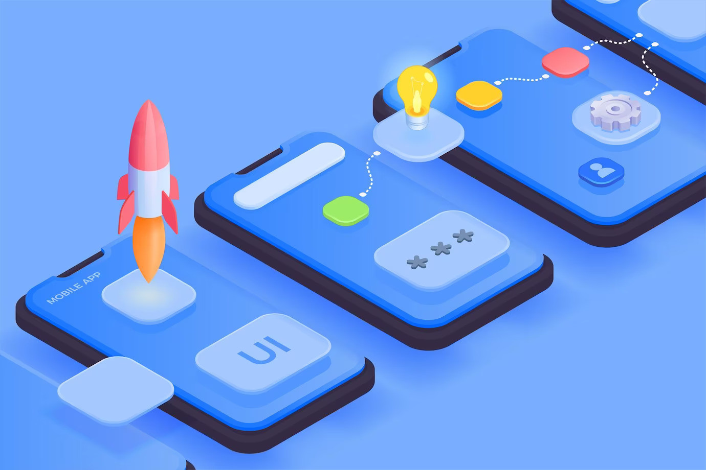 mobile app development isometric background with composition of smartphone screens with 3d app icons