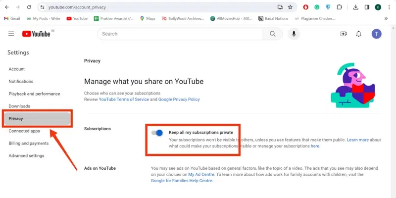 The YouTube Settings choose the Privacy tab and organize the subscription to personal by switching the toggle to on or off.