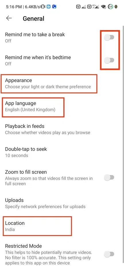 Here you can handle the appearance of your YouTube, Location, App language many other settings of YouTube.