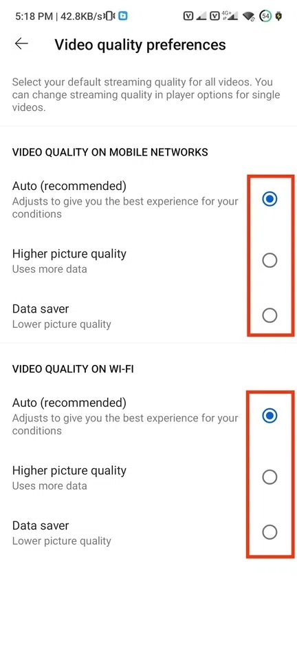 You can choose the quality chosen on Data and Wifi and also you can choose the quality style such as Higher Picture Quality, Auto, and Data Saver.
