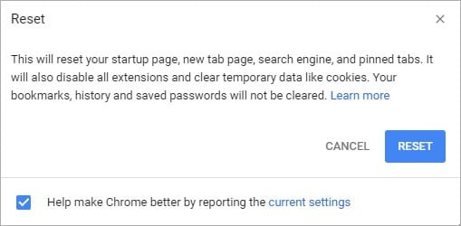 Reset Chrome Browser setting