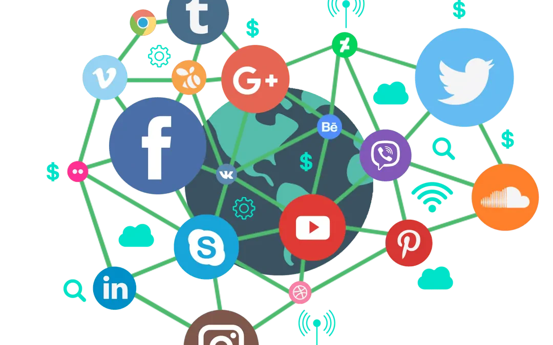 A digital illustration of interconnected social media icons, including Facebook, Twitter, YouTube, Instagram, LinkedIn, and others, surrounding a globe. Green lines link the icons, symbolizing global connectivity and communication through social platforms.