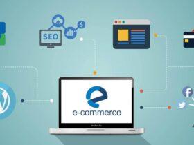 A laptop with the word e - ecommerce surrounded by icons