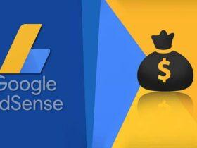 Image featuring the Google AdSense logo on the left with text "Google AdSense" and a blue and yellow background. On the right, there is an icon of a money bag with a dollar sign. The background of the image shifts from blue to yellow towards the right.