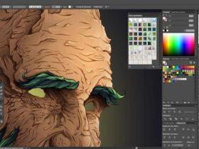 A computer screen displays a digital illustration software with a close-up of a detailed, stylized human face in progress. The face features textured skin, green eyebrows, and illuminated eyes. Tool panels with various options and color palettes are visible on the sides.