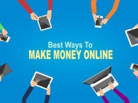 Illustration of hands holding various digital devices such as laptops, tablets, and smartphones, surrounding the text "Best Ways to Make Money Online" on a blue background. The devices are arranged in a circle, and each hand is wearing a different colored sleeve.