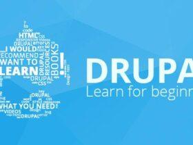 A blue graphic featuring the Drupal logo, comprised of various white tech-related words such as "LEARN," "HTML," and "CODE." The text "DRUPAL Learn for beginners" is prominently displayed on the right side of the image.