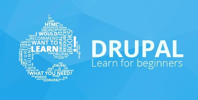 A blue graphic featuring the Drupal logo, comprised of various white tech-related words such as "LEARN," "HTML," and "CODE." The text "DRUPAL Learn for beginners" is prominently displayed on the right side of the image.