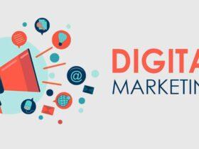 An illustration features a red and blue megaphone with various digital icons, such as emails, a globe, a lightbulb, and chat bubbles, radiating from it. The words "Digital Marketing" are prominently displayed on the right side of the image.