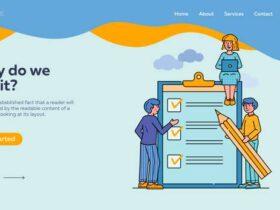 Illustration of three people working together with a large clipboard and oversized pencil, surrounded by check marks and a "Get started" button. The background has a wave-like orange shape at the top with navigation links: Home, About, Services, Contact, and a Sign up button.