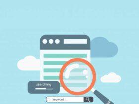 A digital illustration of a search bar with a "keyword" placeholder text. A large magnifying glass highlights the search bar, indicating a search action. The background features a webpage with text and cloud icons against a light blue backdrop.