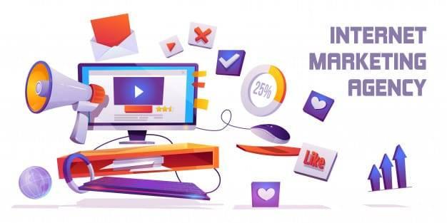 Illustration of a computer desk with a monitor displaying a play button, surrounded by digital marketing symbols such as a megaphone, percentage chart, thumbs-up, and notification icons. Text on the right reads "Internet Marketing Agency.