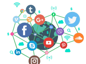 An illustration of the Earth surrounded by various social media icons connected with green lines, including Facebook, Twitter, Instagram, YouTube, LinkedIn, Pinterest, Skype, Google+, Tumblr, Viber, and others, representing global connectivity and communication.