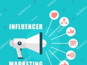 Illustration of a megaphone with various icons representing influencer marketing: a heart, group of people, bar chart, calendar, target, thumbs up, lightbulb, and globe. Text reads "INFLUENCER MARKETING" on a teal background.