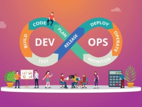Illustration of the DevOps lifecycle in an infinity loop, showcasing stages: plan, code, build, test, release, deploy, operate, and monitor. People engage in various activities related to these stages, with a vibrant gradient background and decorative plants.