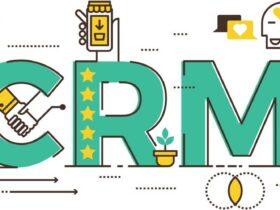 Illustration of the letters "CRM" with each letter incorporating various elements: a handshake, stars, a potted plant, technology icons, a heart, and a construction worker. The image represents Customer Relationship Management through symbols of interaction, growth, and support.