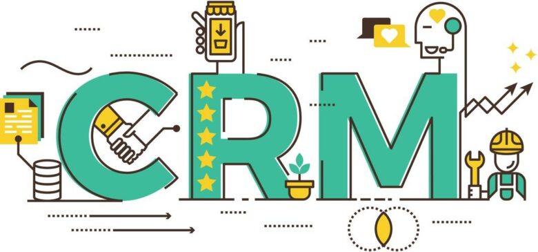 Illustration of the letters "CRM" with each letter incorporating various elements: a handshake, stars, a potted plant, technology icons, a heart, and a construction worker. The image represents Customer Relationship Management through symbols of interaction, growth, and support.