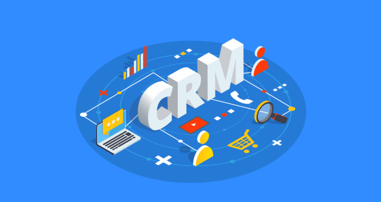 A graphic design illustrating CRM (Customer Relationship Management) with the letters "CRM" centered. Surrounding elements include icons for graphs, a laptop, people, a shopping cart, a magnifying glass, and a phone, all connected by lines, against a blue background.
