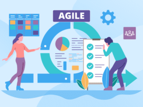 Illustration depicting two people collaborating on Agile project management. One person is pointing to a circular Agile process chart, while the other checks off items on a large checklist. Background includes a pie chart, gear icon, and a team icon.