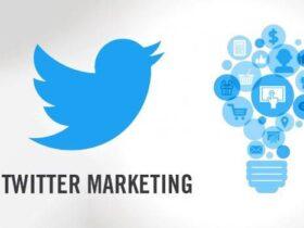A large blue Twitter bird logo is on the left, and a lightbulb shape made of various blue icons (representing different business and marketing concepts) is on the right. Below the Twitter bird, the text reads, "TWITTER MARKETING.