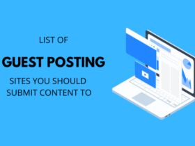 A blue graphic with a laptop displaying various digital elements and text. The text reads "LIST OF GUEST POSTING SITES YOU SHOULD SUBMIT CONTENT TO.
