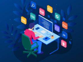 An illustration of a person sitting at a desk, working on a computer. The screen displays code, and various programming language icons such as HTML, CSS, PHP, JavaScript, and C++ float around. The background is dark blue with abstract leaf designs.