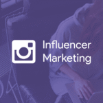 A person sits in a chair working on a laptop, partially obscured. The text "Influencer Marketing" and a stylized camera logo are overlaid on the image. The background features a purple hue.
