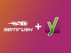 This image features the SEMrush logo, which includes a stylized flame and the text "SEMrush," followed by a plus sign and the Yoast logo, a stylized letter "y." The background is a gradient of orange to magenta.