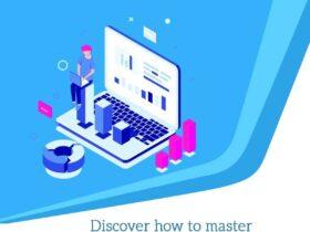 Illustration of a person standing beside a laptop displaying graphs and data charts. Various business-related icons surround the laptop. Text reads: "Discover how to master Google My Business and leverage it to grow your Online Business Brand.