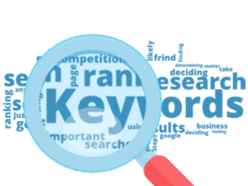 A blue magnifying glass emphasizes the word "Keywords" in large, bold letters. Surrounding it are various related terms such as "search," "rank," "research," "important," and "results," all in blue text on a transparent background.