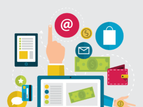 Illustration showing a laptop with various symbols around it, including a hand pointing to an "at" symbol, email envelope, shopping bag, dollar bills, credit card, and a wallet. Other elements include a smartphone, message bubble, and a hand holding a coin.