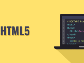 Image of an HTML5 logo on the left and a laptop screen displaying HTML code on the right, set against a yellow background. The HTML code includes a basic structure with a "Hello World" message.