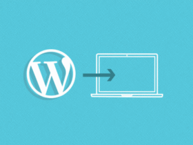 A blue background featuring a white WordPress logo on the left, an arrow pointing right in the middle, and an outline of a laptop screen on the right.