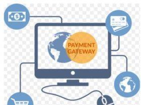 A computer screen displays the text "Payment Gateway" with a globe graphic in the background. Four icons surround the screen: a shopping cart, currency notes, a credit card, and a globe. A computer mouse is connected to the screen, indicating online transactions.