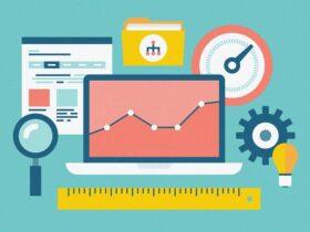 An illustration features a laptop displaying a rising line graph. Surrounding the laptop are a magnifying glass, a document, a gear, a light bulb, a ruler, a speedometer, and a folder with an organizational chart. The background is teal.